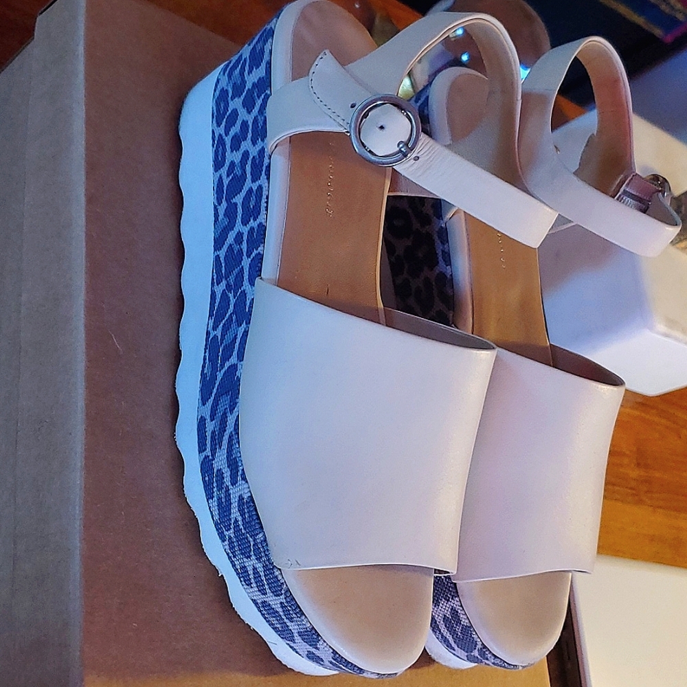 Anthropologie White and Blue Patterned Platform Sandals